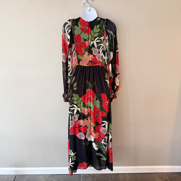 Farm Rio Anthropologie Floral Maxi Dress Black Red VNeck Long Sleeve Small Boho - Picture 7 of 16